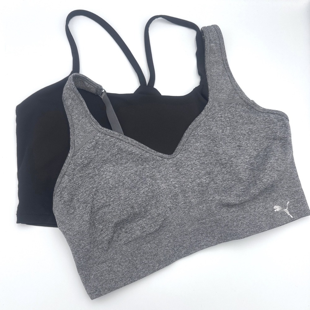 Puma Womens Sports Bra Gray Heather Seamless Black Racerback XL 2 Pack Lot